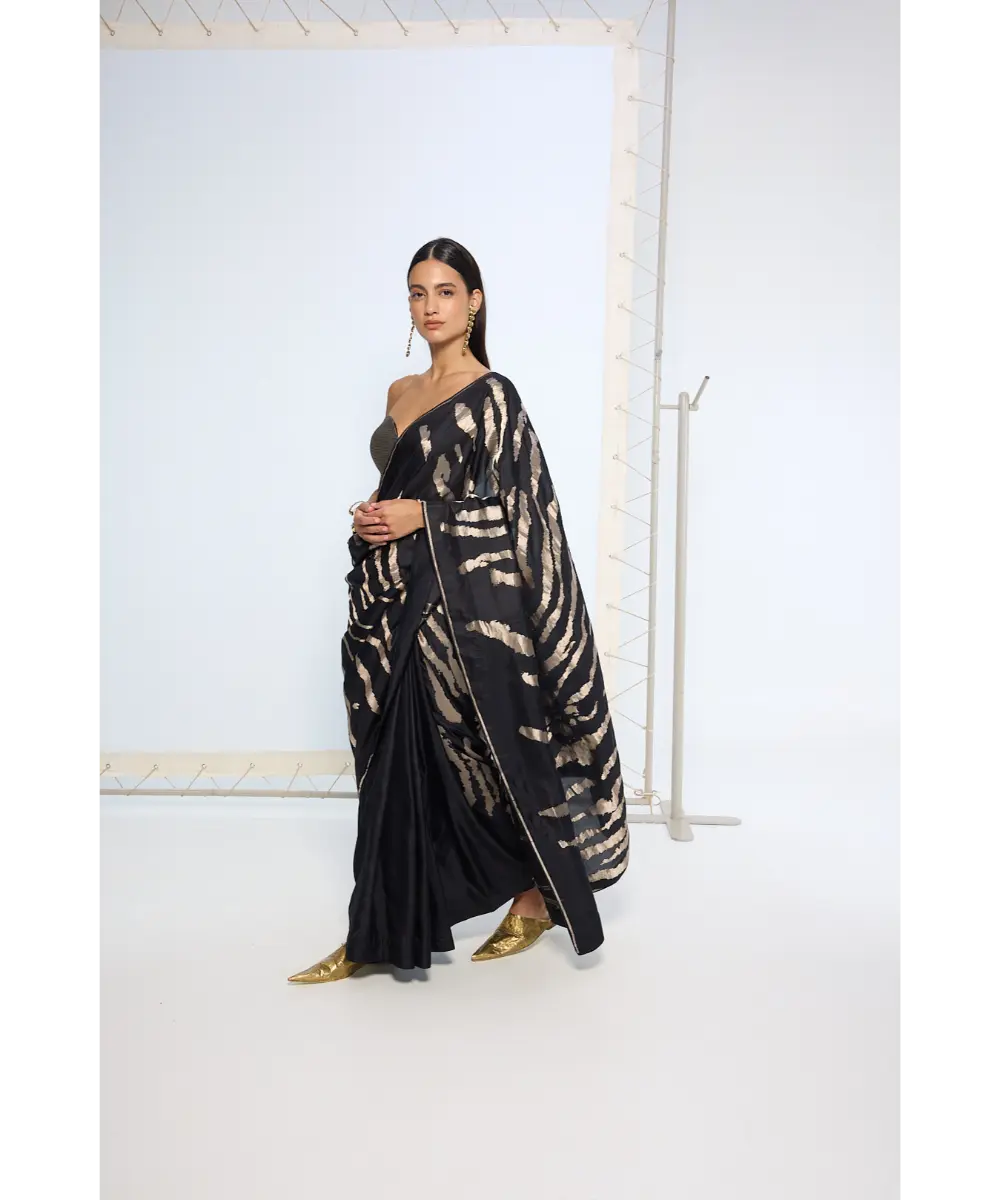 EKAYA BANARAS - Handwoven Noir and Silver Silk Saree